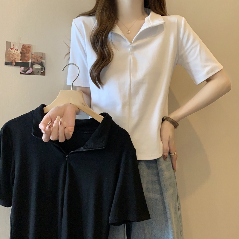 實拍  40支純棉 2024夏裝純色半拉鏈短袖t恤女不規則