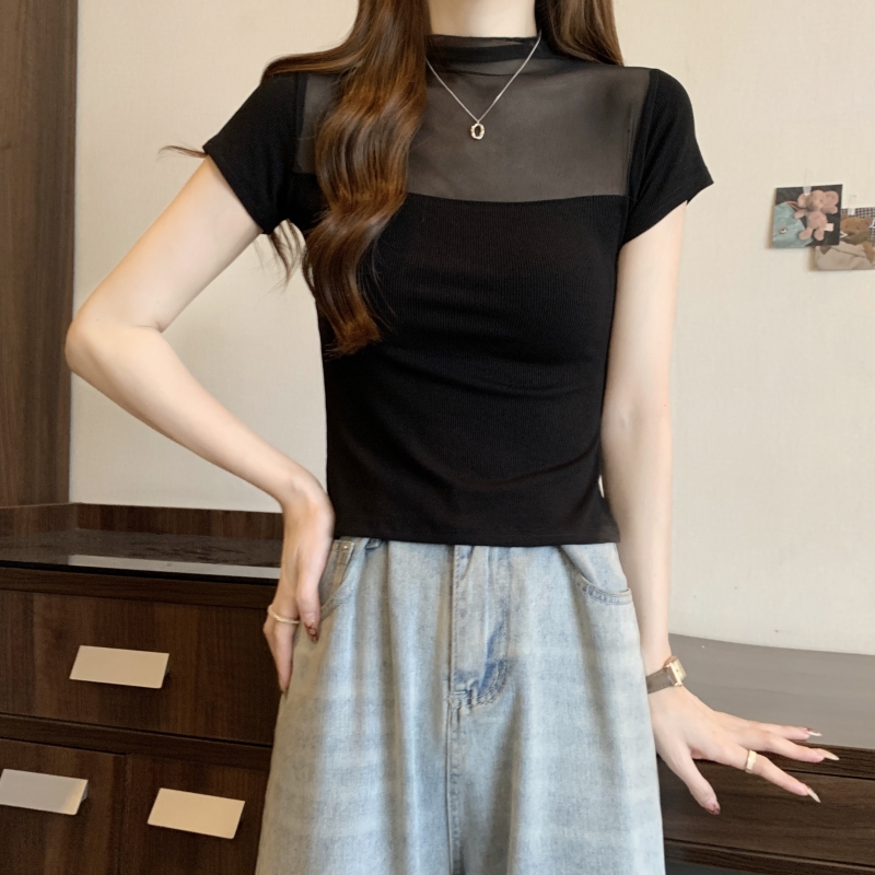 實拍  40支純棉 2024夏裝辣妹風短袖T恤女修身網紗拼接