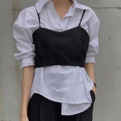 2024 new style long-sleeved polo collar chic camisole two-piece shirt top for women