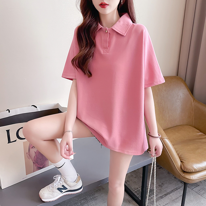 實拍 夏裝韓版寬鬆POLO領珠地布純色簡約大碼短袖T恤女