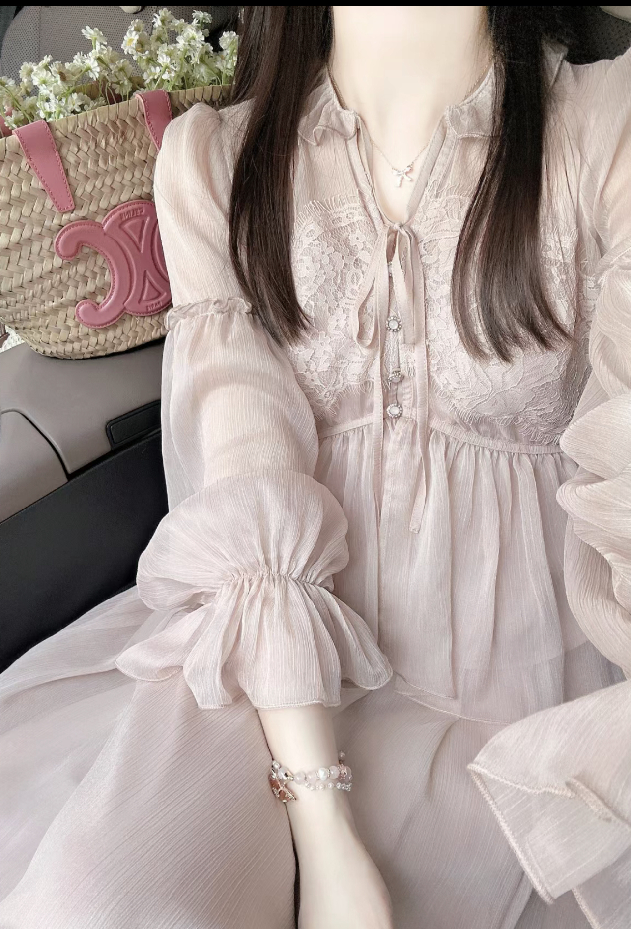 AN Maiden 法式粉色微透燈籠袖上衣女春季高腰網紗大擺半身裙套裝