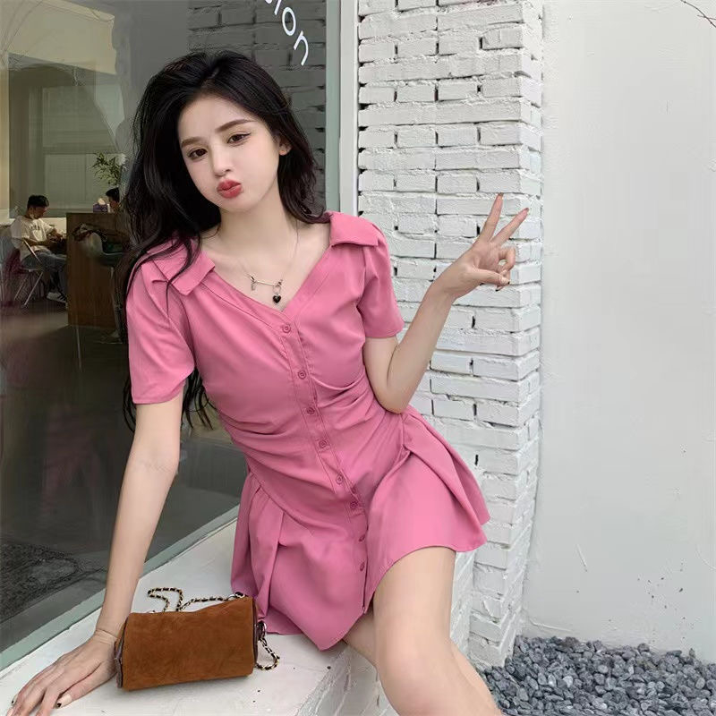 辣妹粉色連衣裙女裝夏季2024新款收腰顯瘦氣質小個子甜辣風短裙子