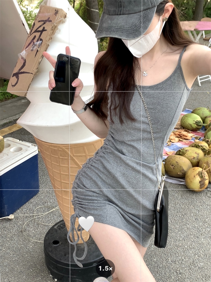 實拍~針織吊帶抽繩連衣裙褶皺純欲緊身包臀裙