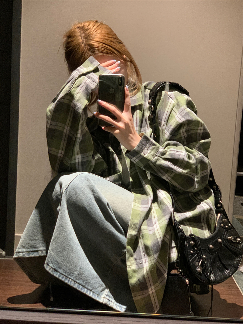 Actual shot ~ Korean retro green plaid casual versatile loose long-sleeved plaid shirt jacket