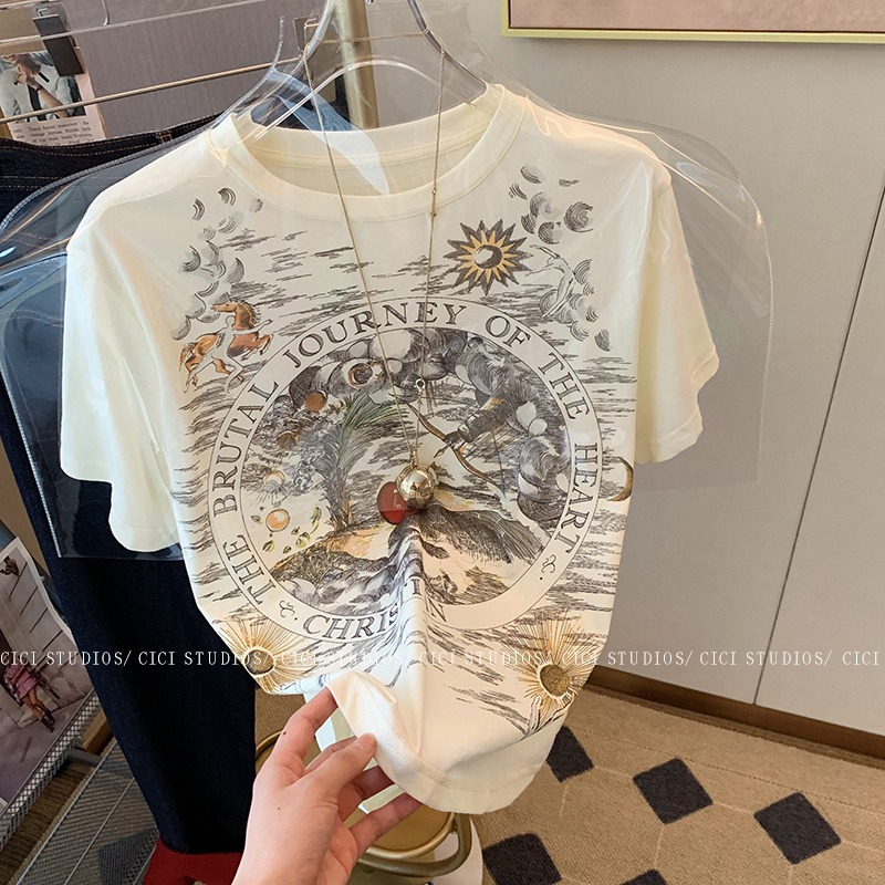 Official photo ~ Pure cotton 200g combed tightly with back collar printed round neck short-sleeved T-shirt for women summer 2024