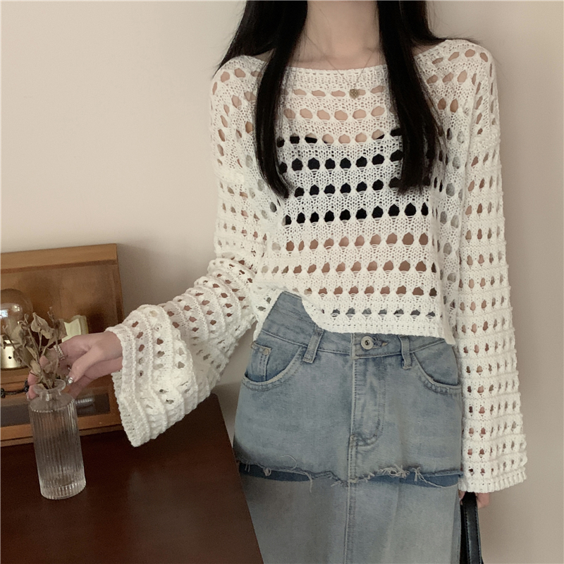 Actual shot of new spring and summer long-sleeved hollow sweater thin sun protection blouse top for women
