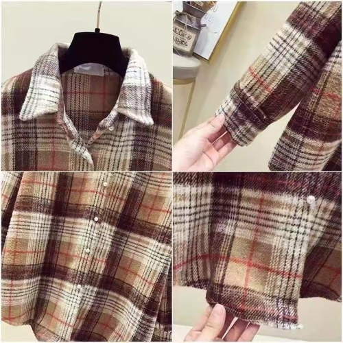 New style woolen long-sleeved plaid shirt jacket, fashionable Korean style warm age-reducing top for women