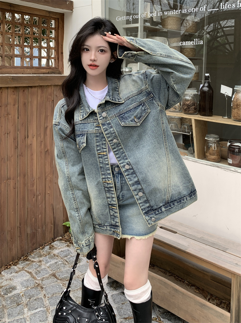 實拍~美式復古水洗寬鬆休閒牛仔夾克女士春秋季工裝高級感外套
