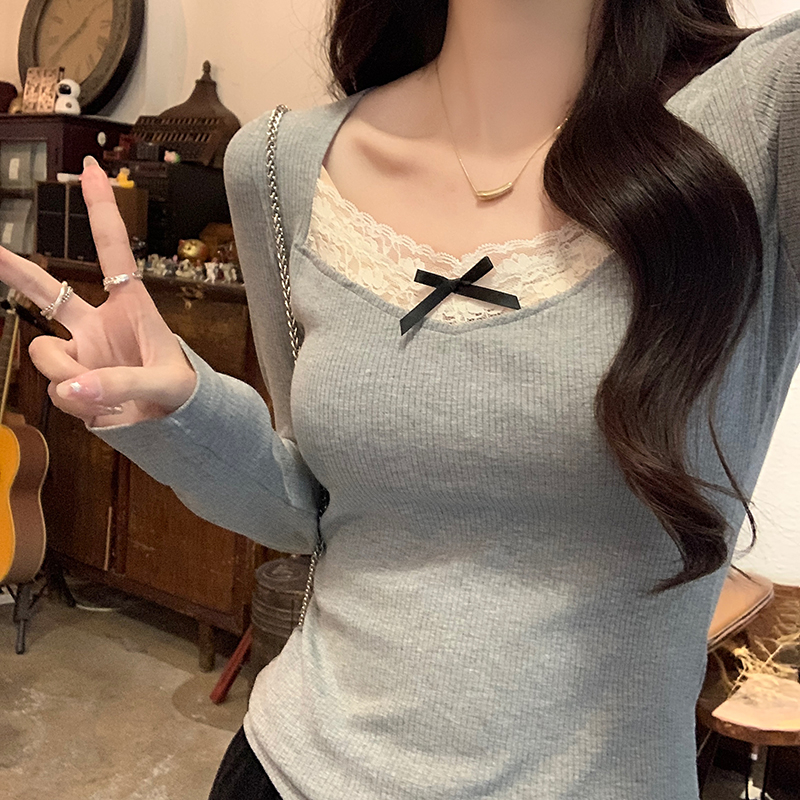 Real shot 2024 spring Korean style loose 250g rayon square collar lace bottoming shirt long-sleeved T-shirt for women