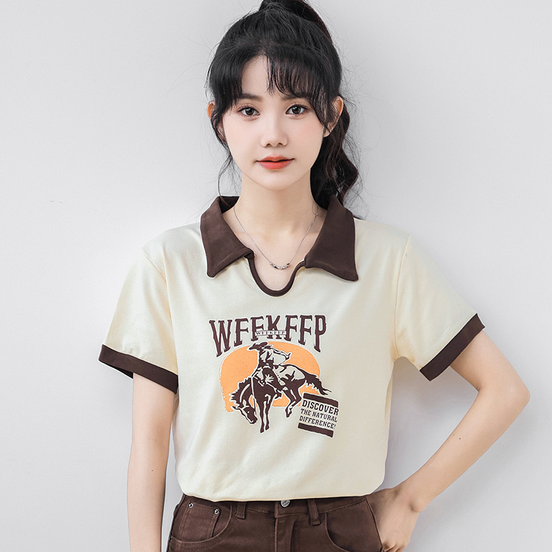 實拍 1*1螺紋夏裝韓版寬鬆POLO領卡通印花中長款大碼短袖T恤女