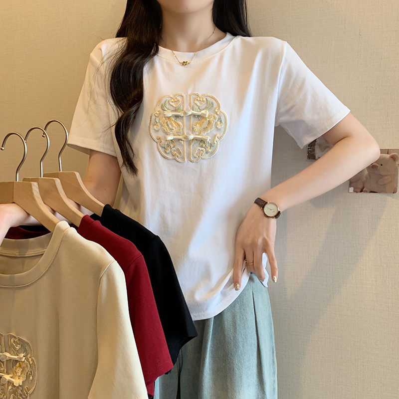 實拍2024夏裝新款胖mm大碼刺繡新中式短袖T恤女顯瘦百搭國風上衣