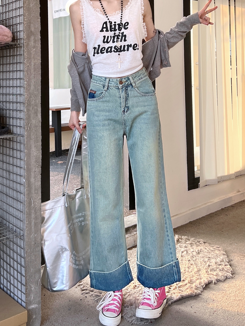 實拍#寬鬆直筒牛仔長褲女高腰設計感卷邊窄版闊腿褲子女