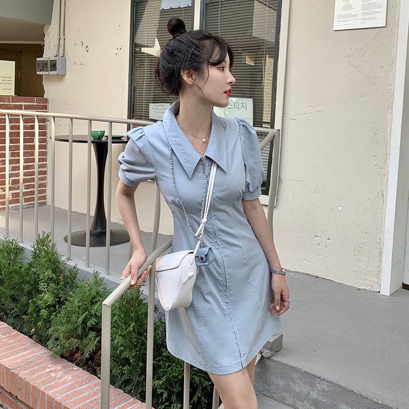 官圖 粉色連衣裙女夏季氣質泡泡袖小個子polo裙子女裝