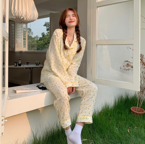Real shot of Korean version of sweet winter jasmine cotton double yarn loose casual pastoral spring home wear suit