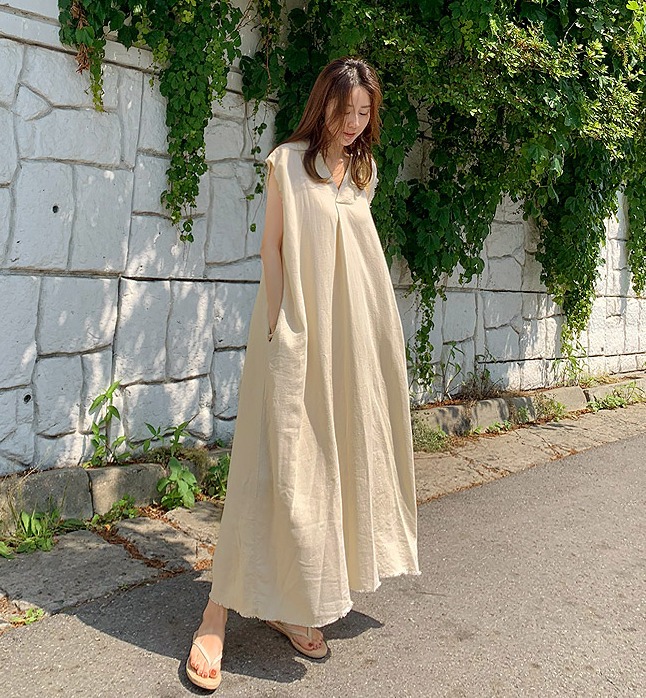 2024夏裝新款大碼女裝韓式簡約寬鬆慵懶風V領長款短袖連衣裙女