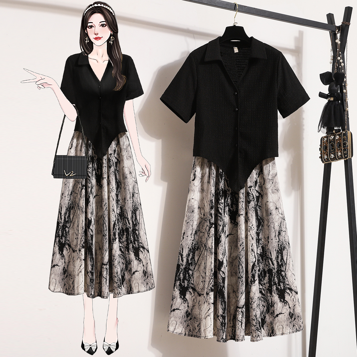 Actual shot 05315+05306 V-neck short-sleeved top ink painting skirt new national style Zen style two-piece set