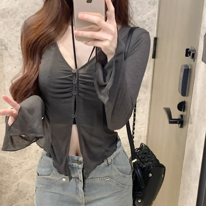 Official Photo Sun Protection Cardigan Women's Pure Desire Black Summer New Thin Design V-neck Trumpet Long Sleeve Top