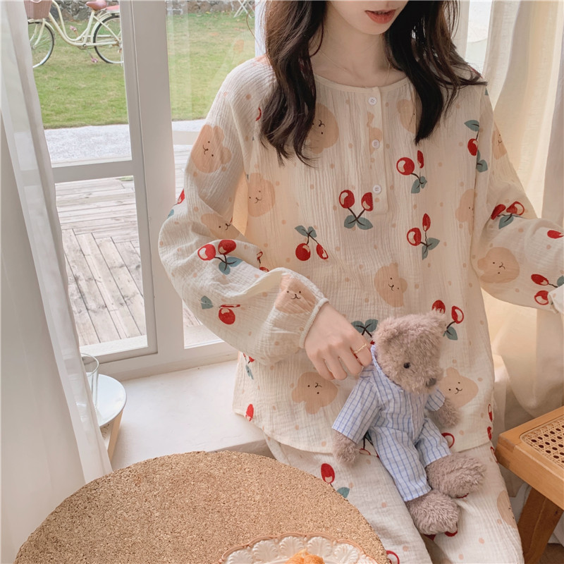 Actual shot of the new spring new ins casual cotton soft gauze comfortable loose home wear pajamas