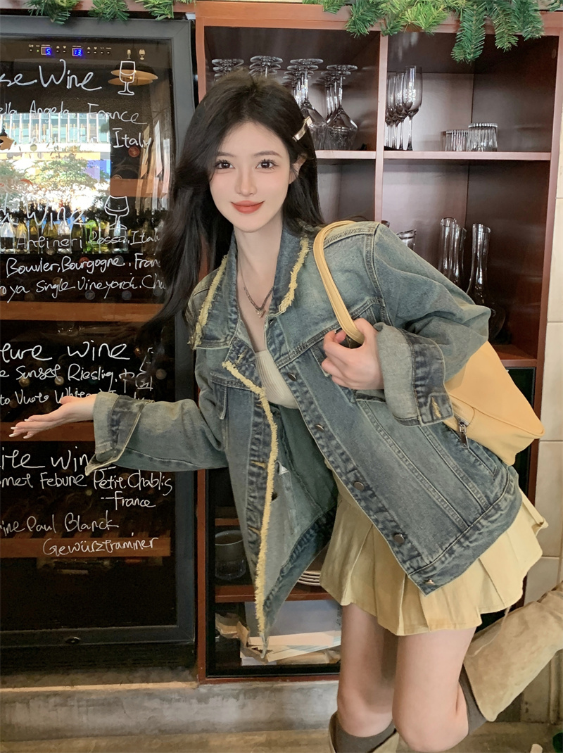 實拍~毛邊做舊復古牛仔外套女寬鬆顯瘦韓系oversize休閒上衣