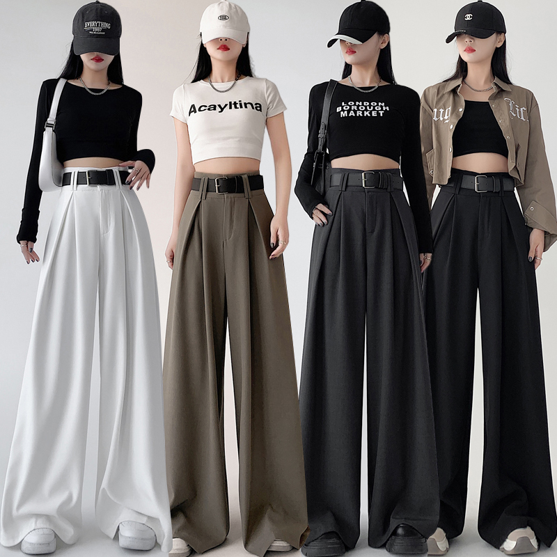 Women's 2024 Spring Summer Real Shot Suit Wide Leg Pants, Flowy Slimming High-Waisted Narrow Version Straight Leg Casual Long Hem Ground-Long Pants