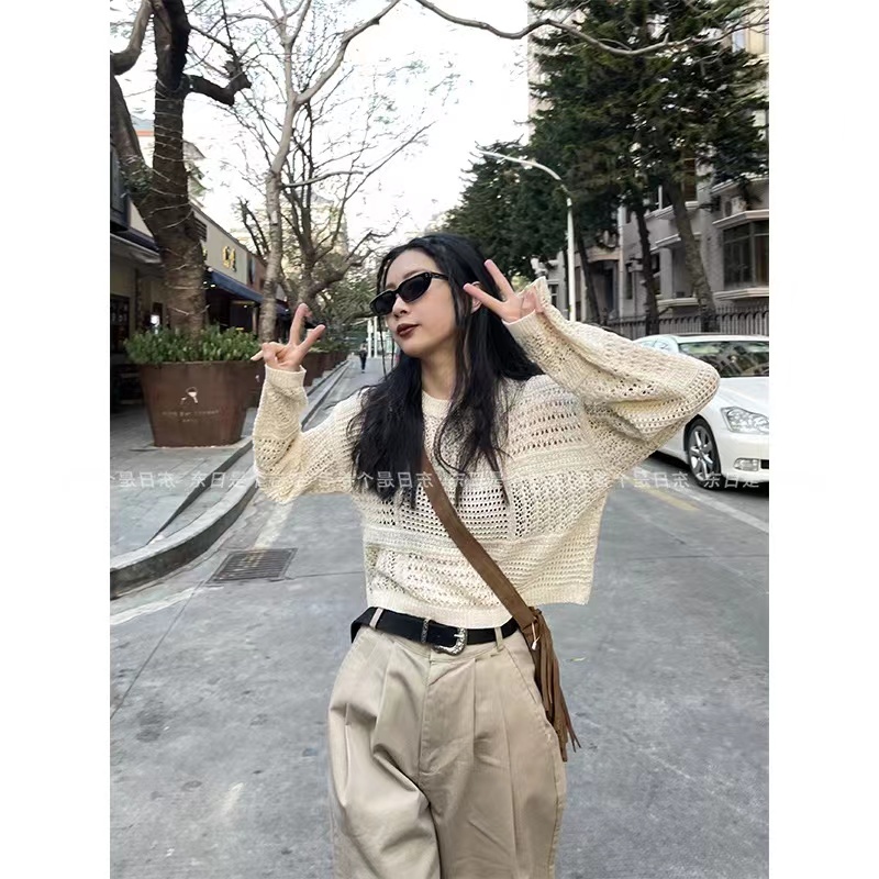 東日是個捲毛 釣系美人！鏤空鈎花圓領針織衫女夏季百搭短款上衣