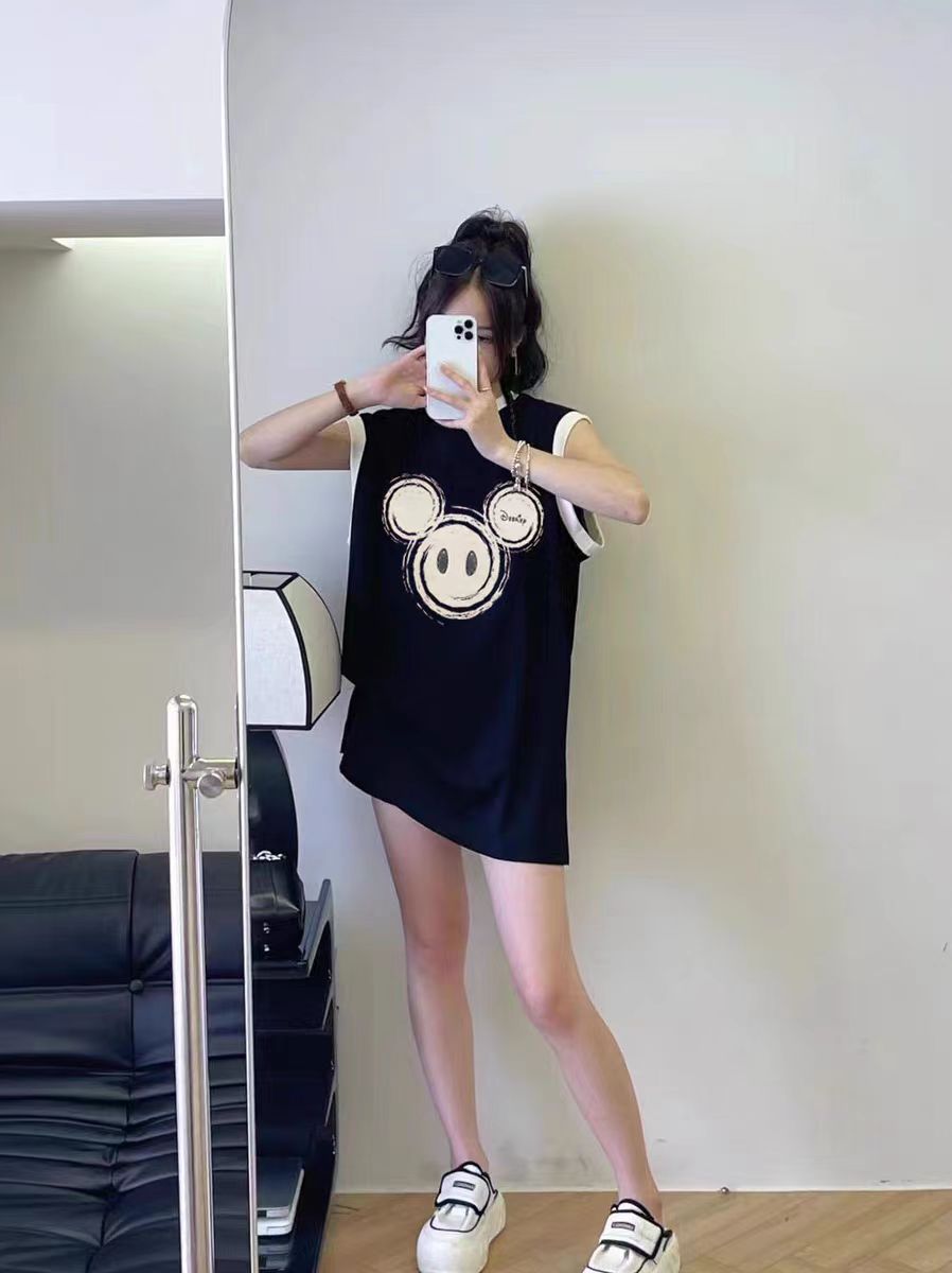 21支純棉 夏季新款休閒撞色領邊無袖T恤女中長款背心上衣