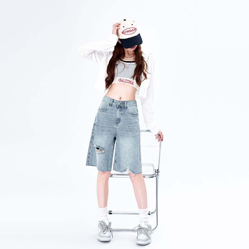實拍2024年夏季高腰新款復古磨破牛仔褲女寬鬆毛邊五分褲子