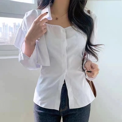 Korean chic spring gentle breast soft blue slim fit inner vest suspender ➕ lapel short shirt two-piece set for women