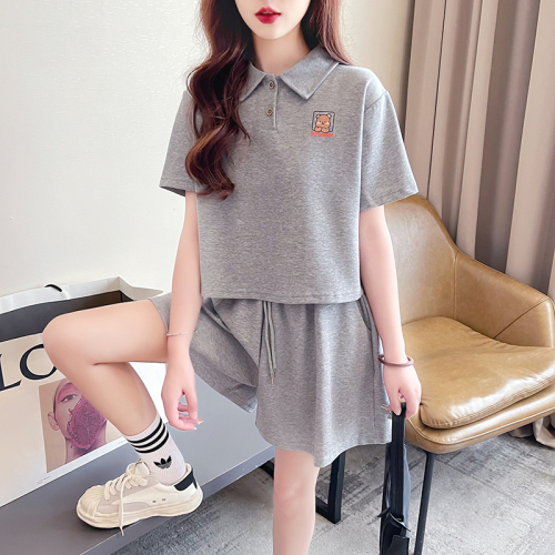 Real shot Summer Korean style loose 260g mini POLO collar embroidered two-piece sports and leisure suit for women