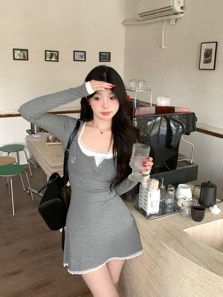 實拍春季純欲風拼接設計收腰顯瘦高級感吊帶長袖連衣裙兩件套