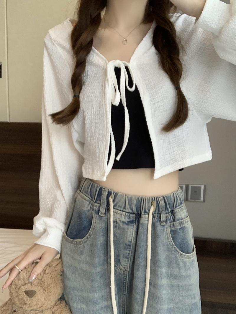 Real shot Spring niche retro versatile design strappy lantern sleeve short thin cardigan jacket for women