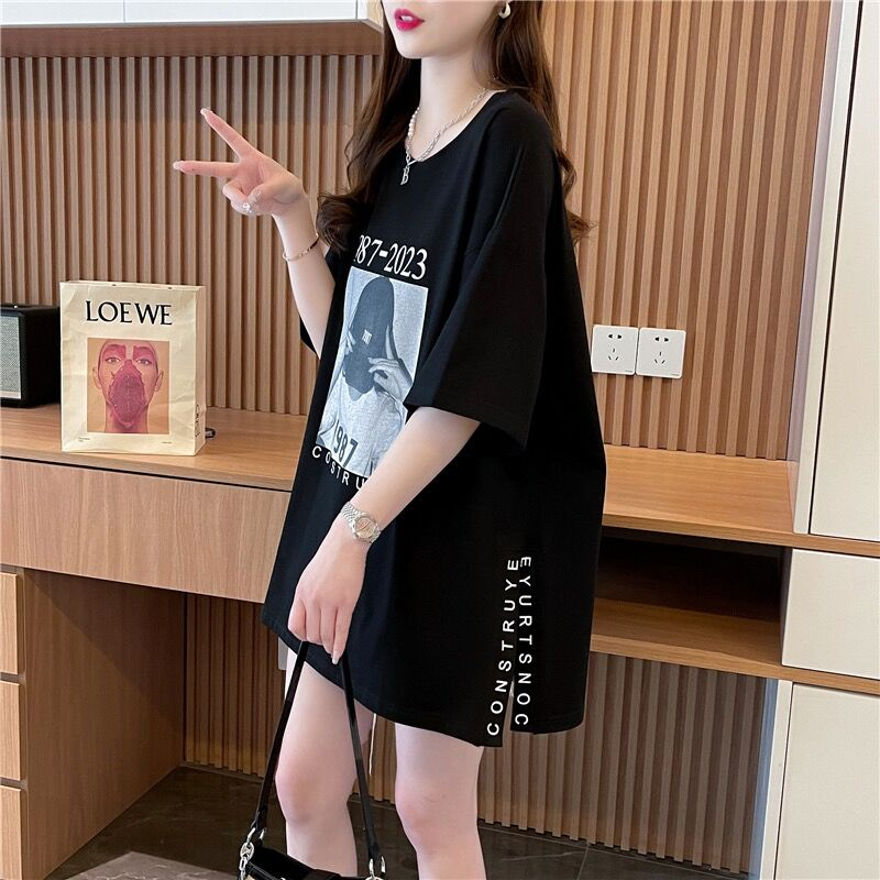 純棉質量/環定紡純棉/後包領/中長款開抽拼接短袖T恤女