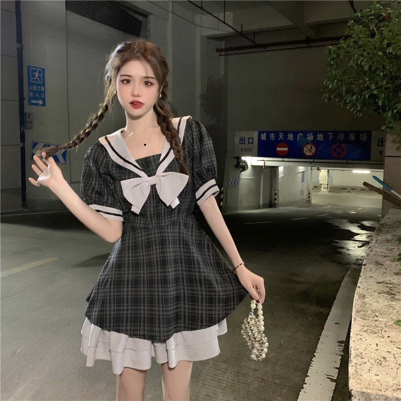 Japanese MM college style age-reducing bow dress women's summer waist-covering belly slimming skirt A-line short skirt