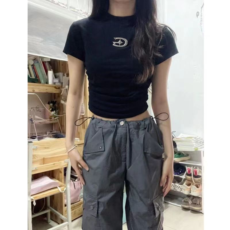 美式復古辣妹緊身短袖t恤女2024新款夏季小個子正肩顯瘦短款上衣