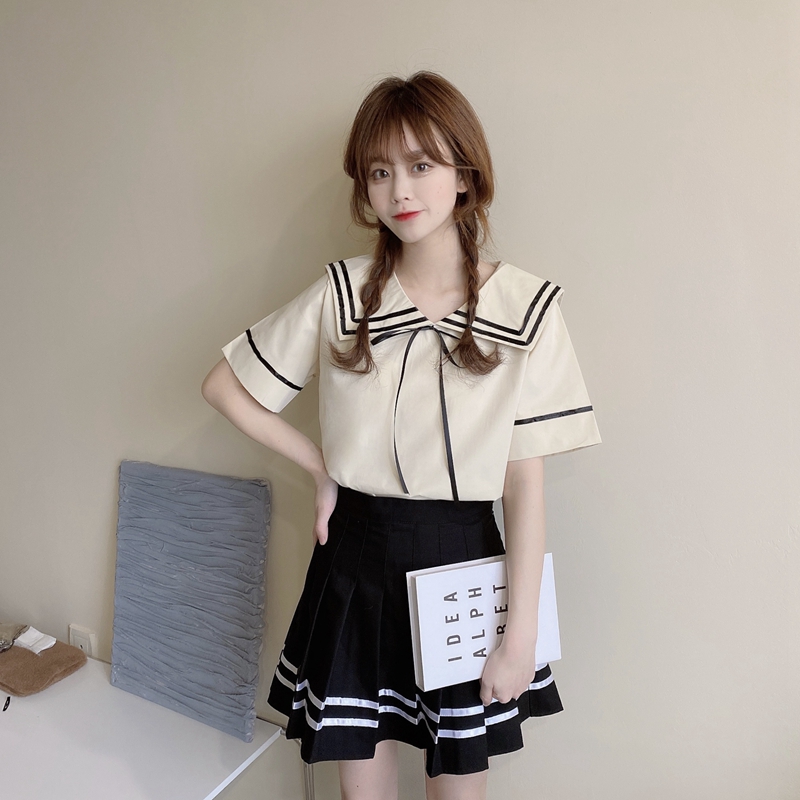 實拍學生套裝女夏季新款韓版洋氣時尚海軍風白色襯衫百褶裙兩件套