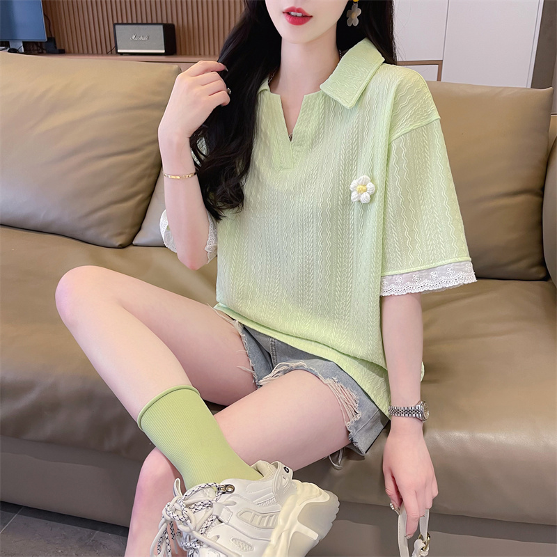 實拍 2024夏季新款韓版寬鬆簡約POLO領立體花卉大碼短袖T恤女