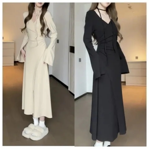 松本喪喪少女風V領不規則腰部褶皺長袖系帶裙顯瘦秋季新款連衣裙