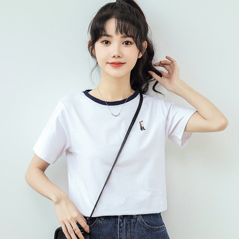 實拍 32支棉拉架夏裝韓版圓領寬鬆卡通刺繡大碼短袖T恤女