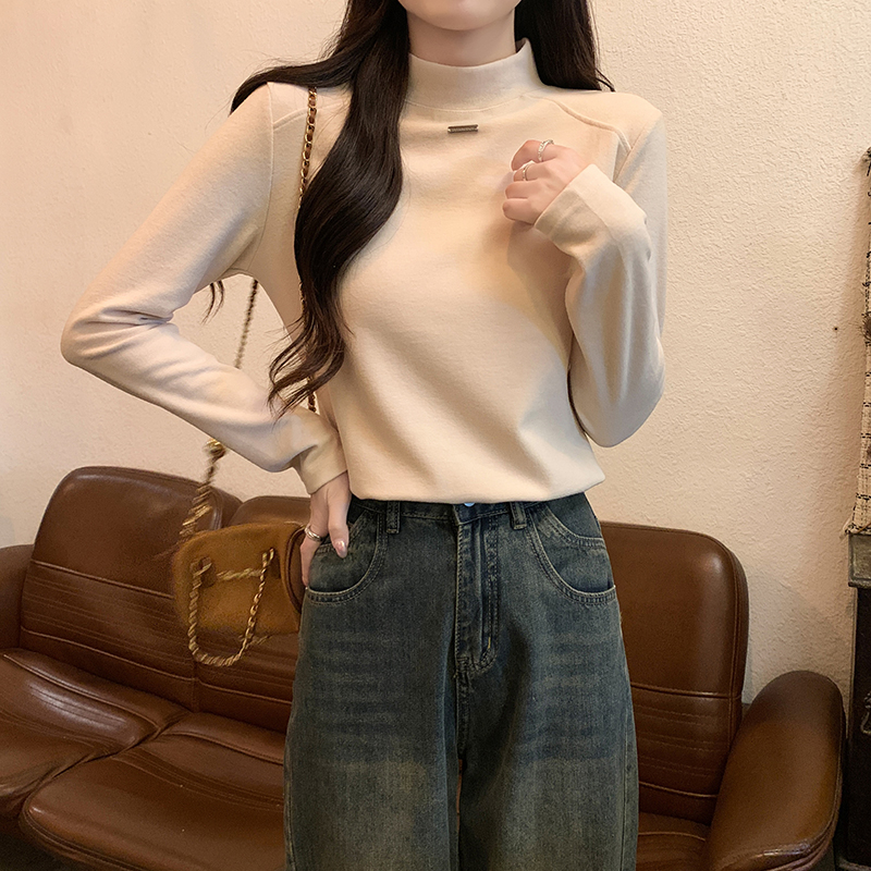 Real shot 2024 spring Korean version 260g solid color half turtleneck mid-length large size bottoming shirt long-sleeved T-shirt for women