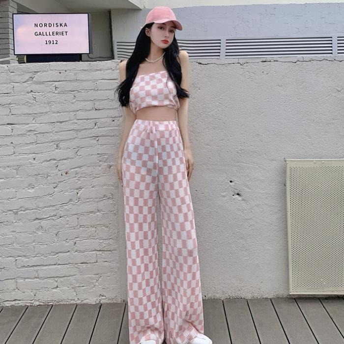 夏季新款套辣妹短款性感抹胸背心上衣格子褶皺闊腿褲休閒兩件套女