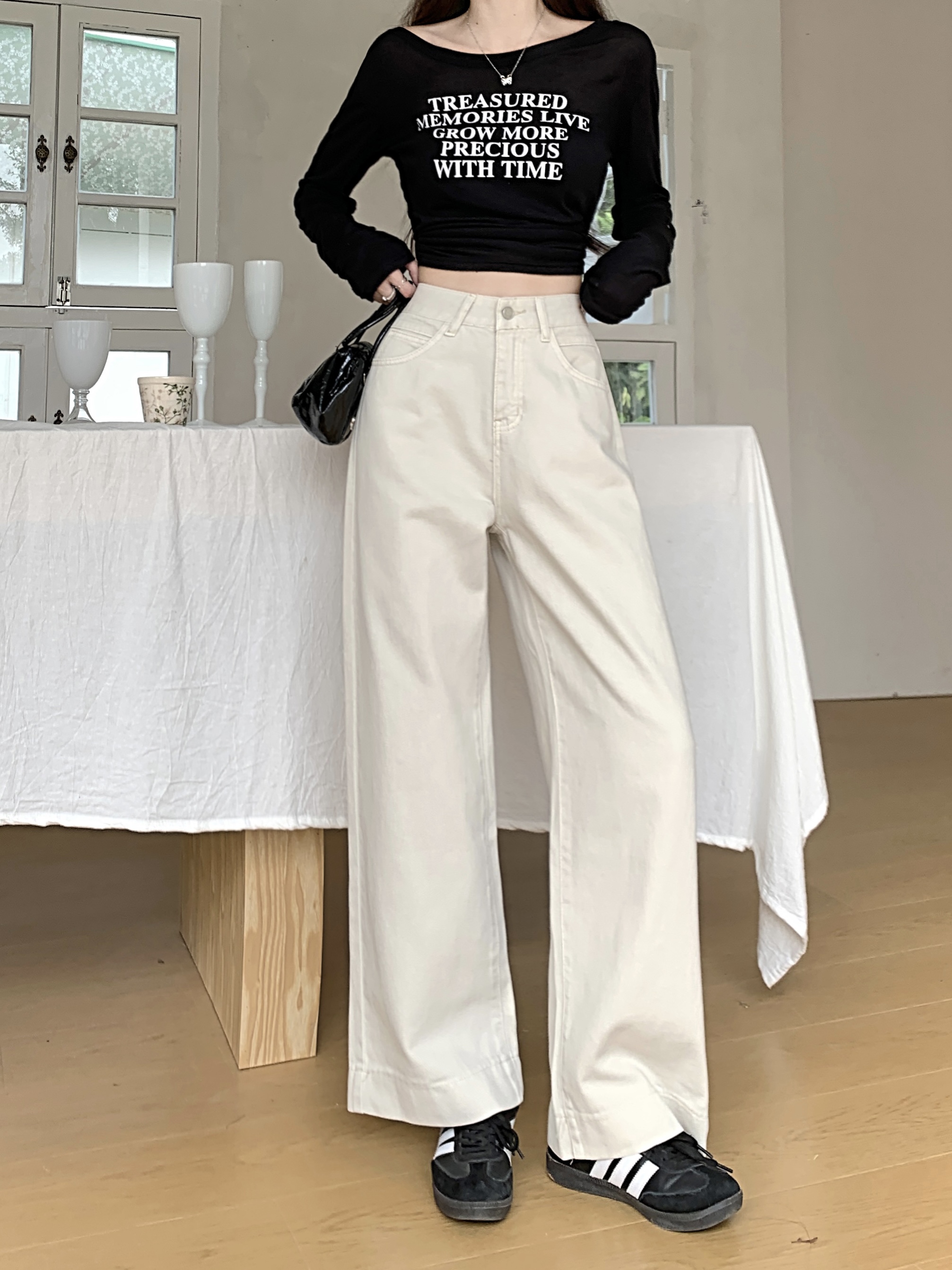 實拍2024春新款米白色簡約百搭高腰顯瘦寬鬆闊腿牛仔褲女直筒褲