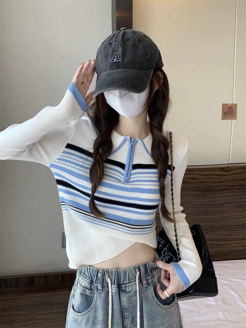實拍 新款韓版polo領長袖小眾撞色條紋修身上衣