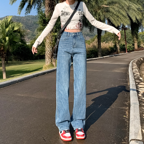 Actual shot of stretchy loose wide-leg pants Persian blue comfortable wide straight pants spring style versatile soft jeans