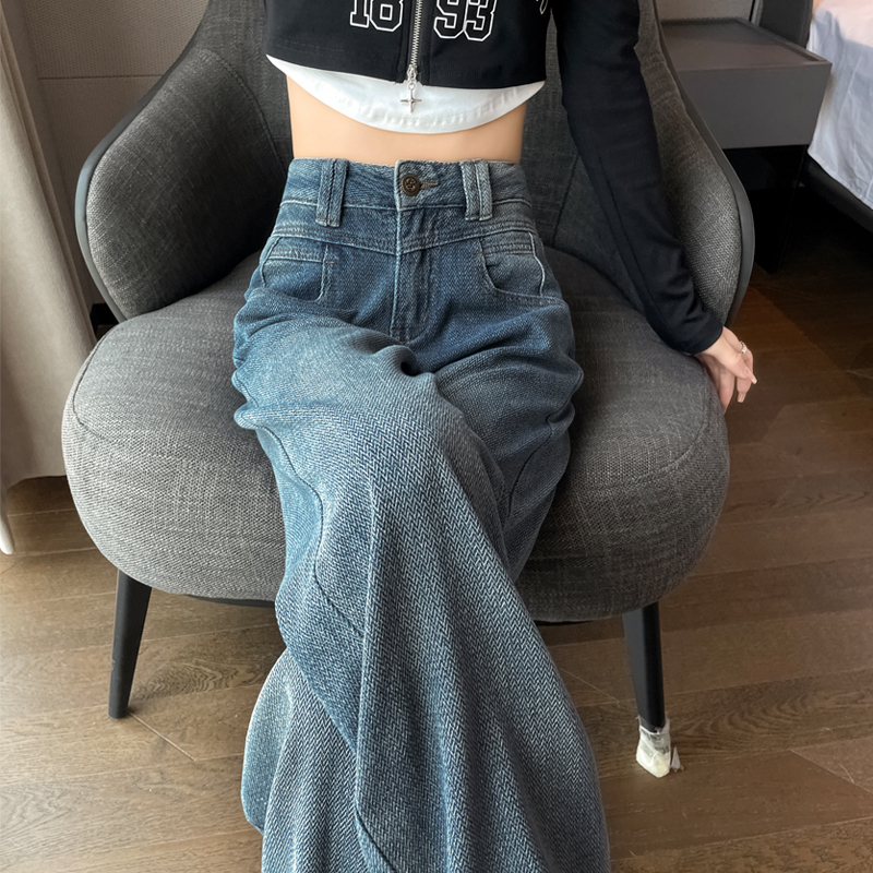 星空紋闊腿牛仔褲女2024春季新款小個子復古高腰顯瘦窄版直筒褲子