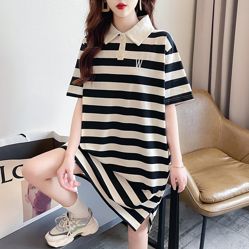 Actual shot of summer Korean style loose pique fabric POLO collar embroidered knee-length skirt dress plus size T-shirt for women
