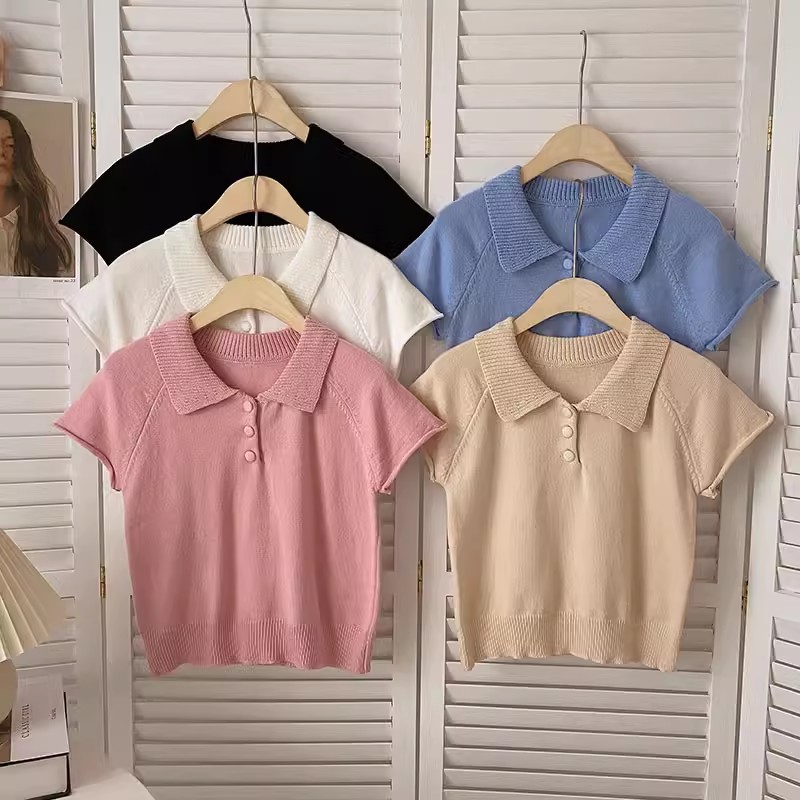 2024 spring new style casual temperament lapel slim fit versatile short-sleeved short sweater T-shirt tops for women