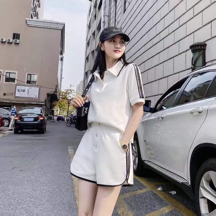 College style casual suit women's summer short-sleeved polo collar T-shirt + shorts sports two-piece suit Western style