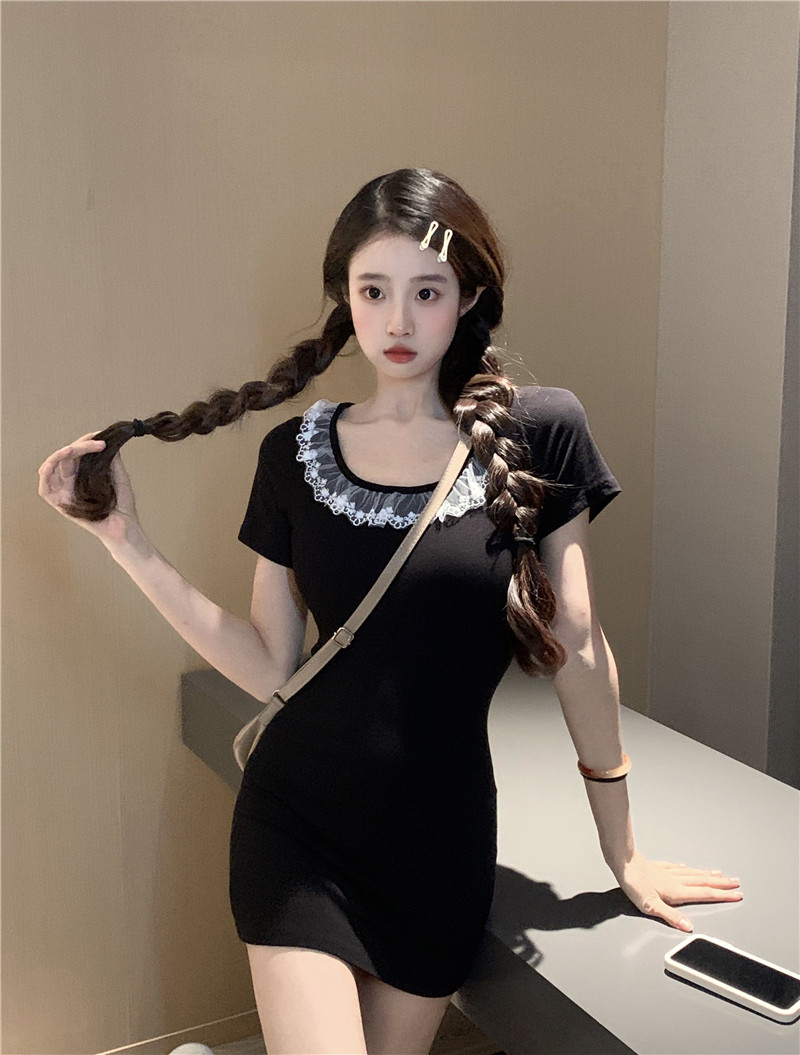 實拍~辣妹風蕾絲短袖連衣裙夏季收腰U領修身顯瘦包臀短裙