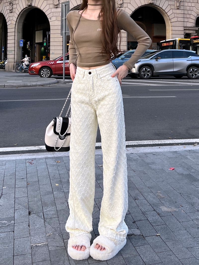 實拍#新款寬鬆直筒提花牛仔褲休閒褲女高腰拖地闊腿長褲子