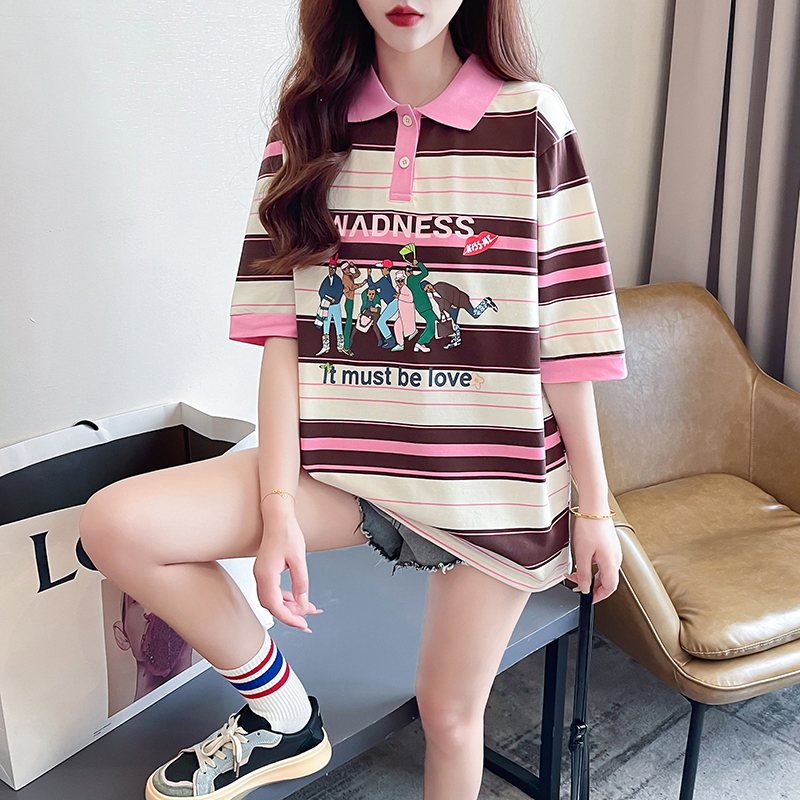 實拍 質量夏裝韓版寬鬆POLO領條紋卡通印花大碼短袖T恤女